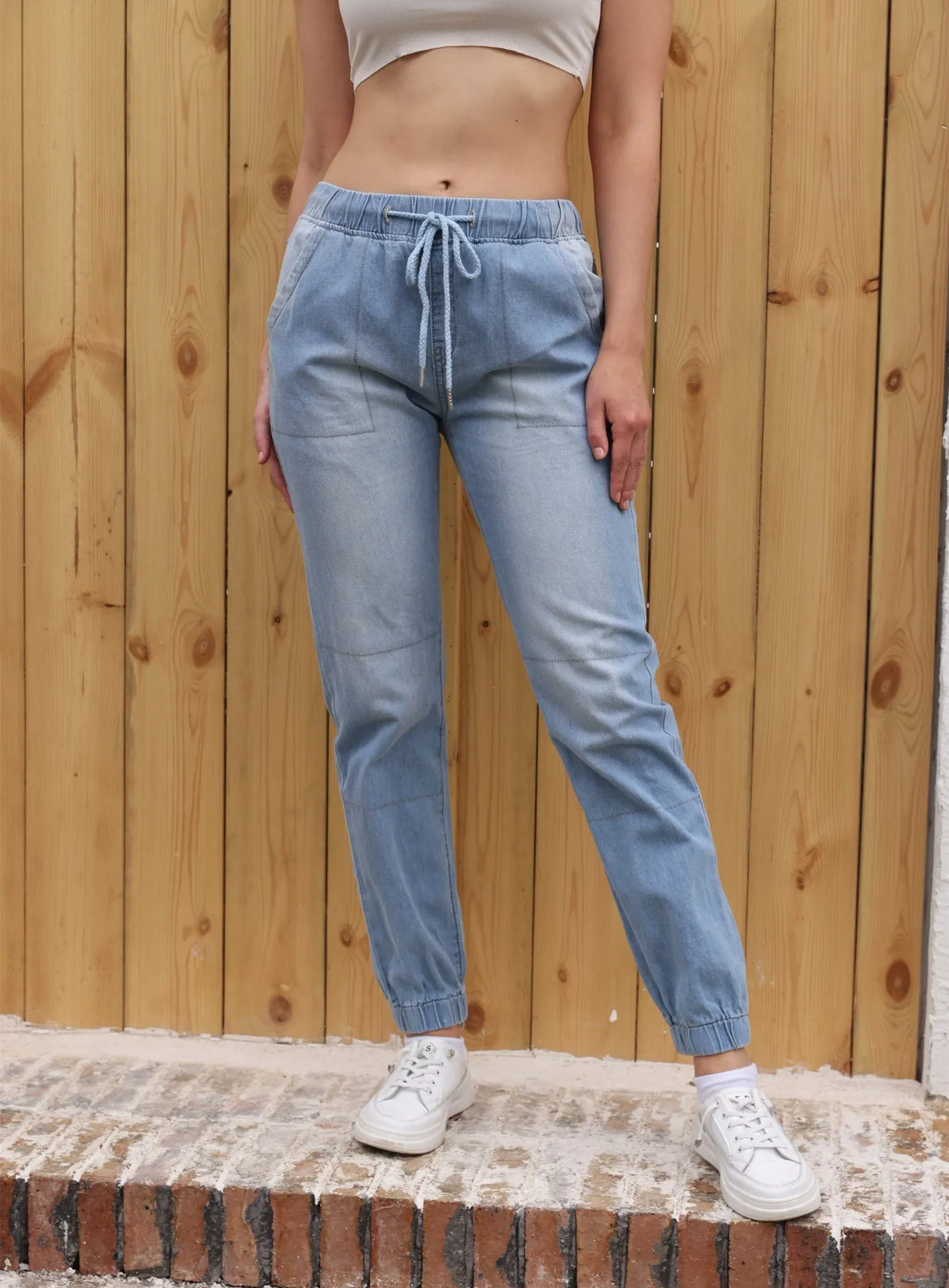Casual Light Blue Elastic Denim Fabric Jeans For Women