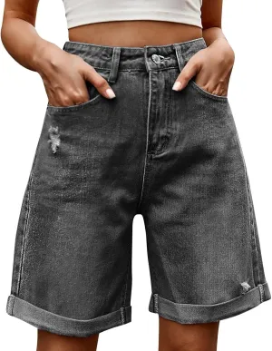 fanmpghleoo Jorts Women Baggy High Waisted Long Jean Shorts Wide Leg Denim Bermuda Shorts Knee Length Trendy Ripped Jeans
