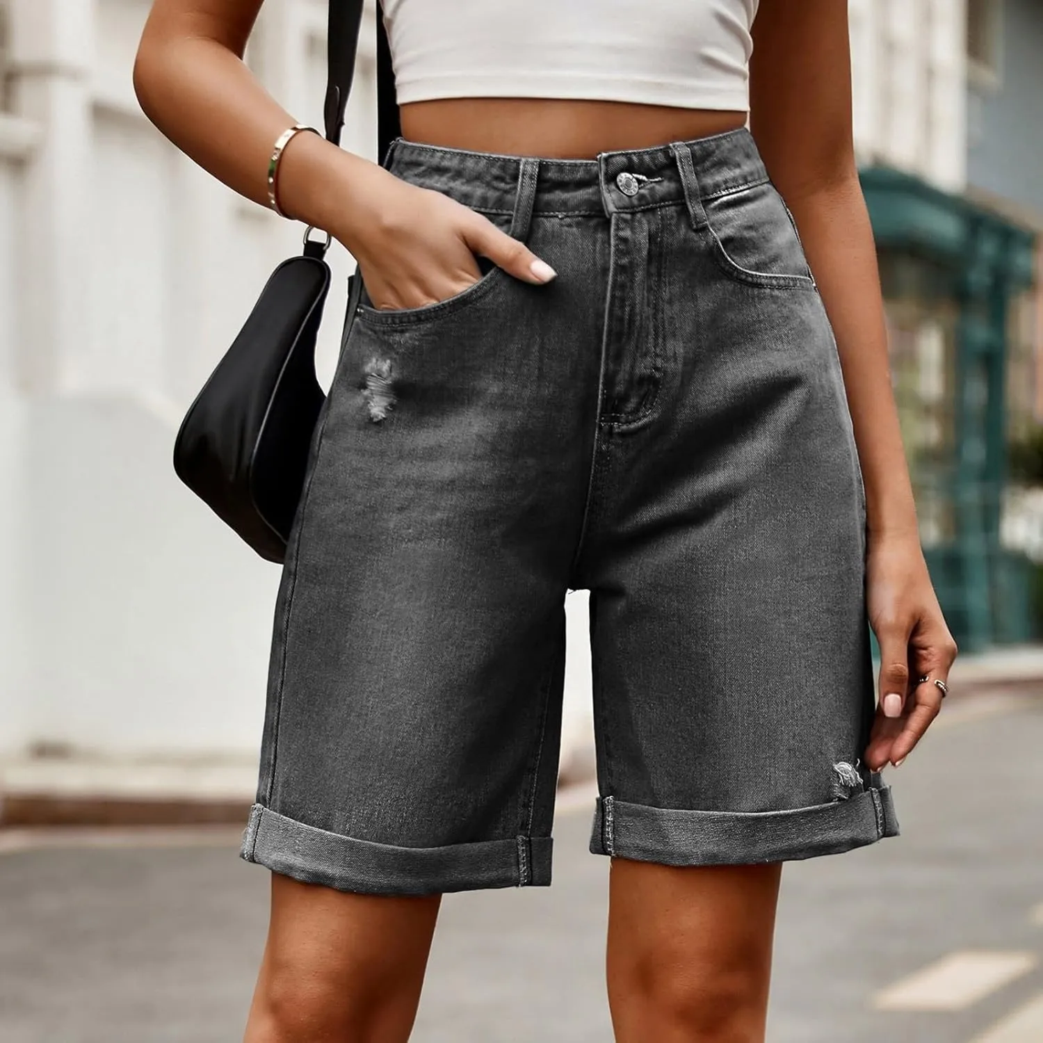fanmpghleoo Jorts Women Baggy High Waisted Long Jean Shorts Wide Leg Denim Bermuda Shorts Knee Length Trendy Ripped Jeans