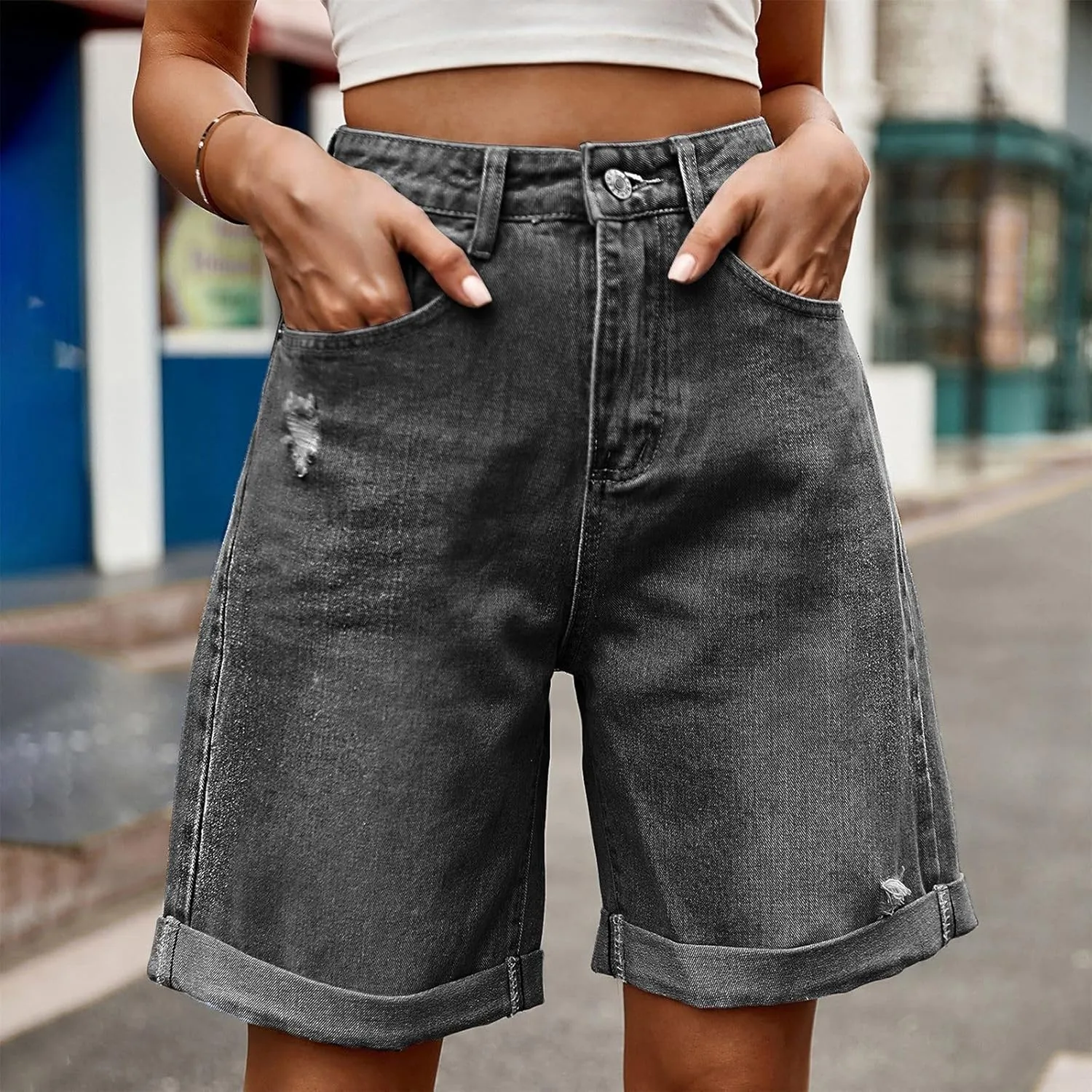 fanmpghleoo Jorts Women Baggy High Waisted Long Jean Shorts Wide Leg Denim Bermuda Shorts Knee Length Trendy Ripped Jeans