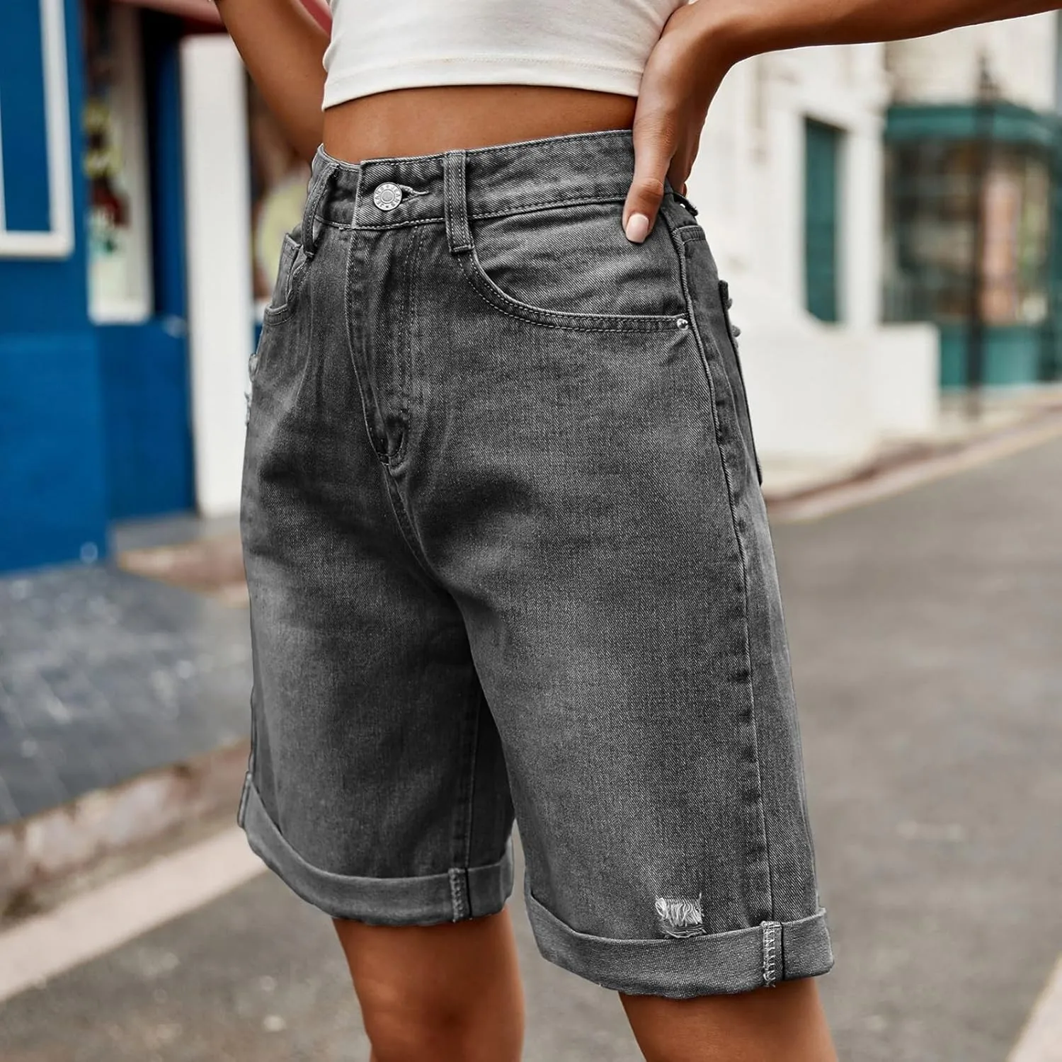 fanmpghleoo Jorts Women Baggy High Waisted Long Jean Shorts Wide Leg Denim Bermuda Shorts Knee Length Trendy Ripped Jeans