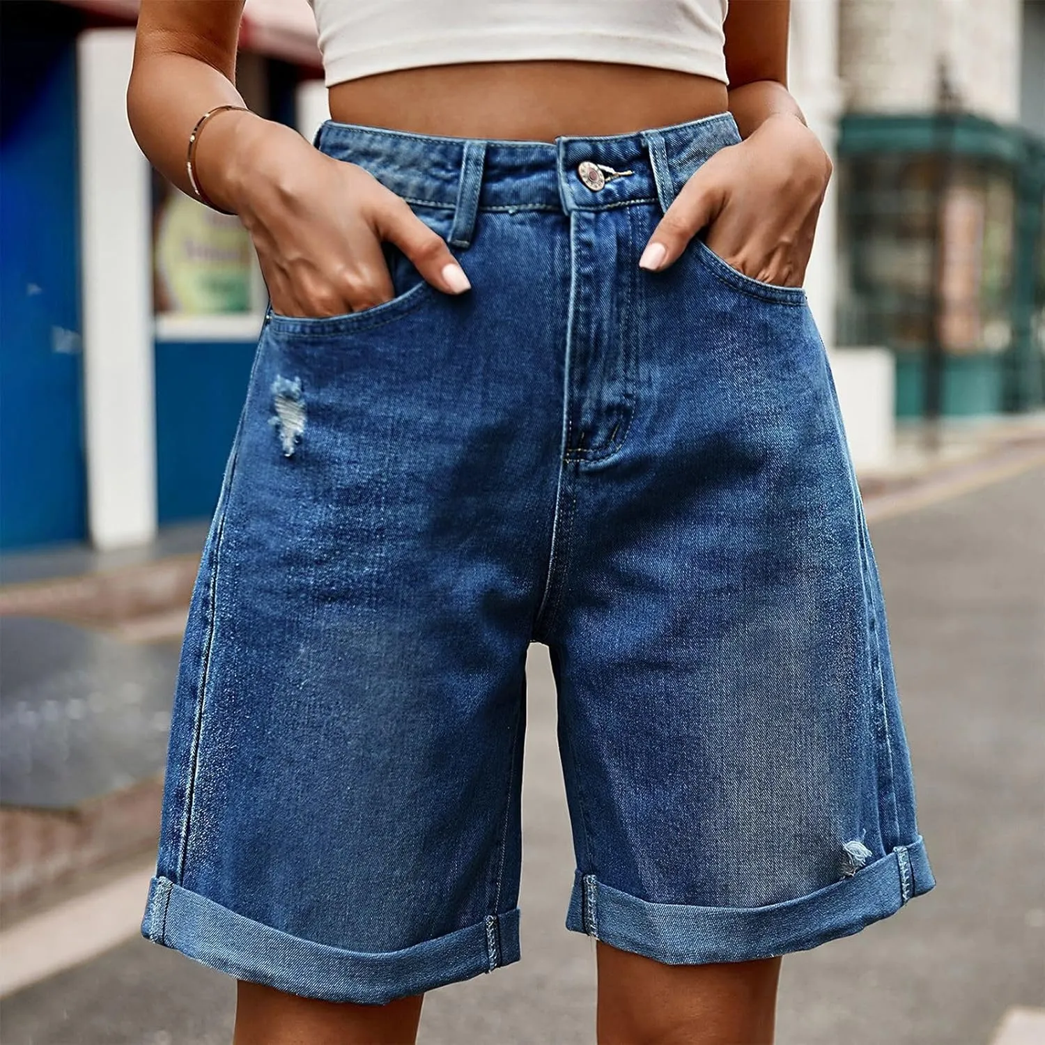 fanmpghleoo Jorts Women Baggy High Waisted Long Jean Shorts Wide Leg Denim Bermuda Shorts Knee Length Trendy Ripped Jeans