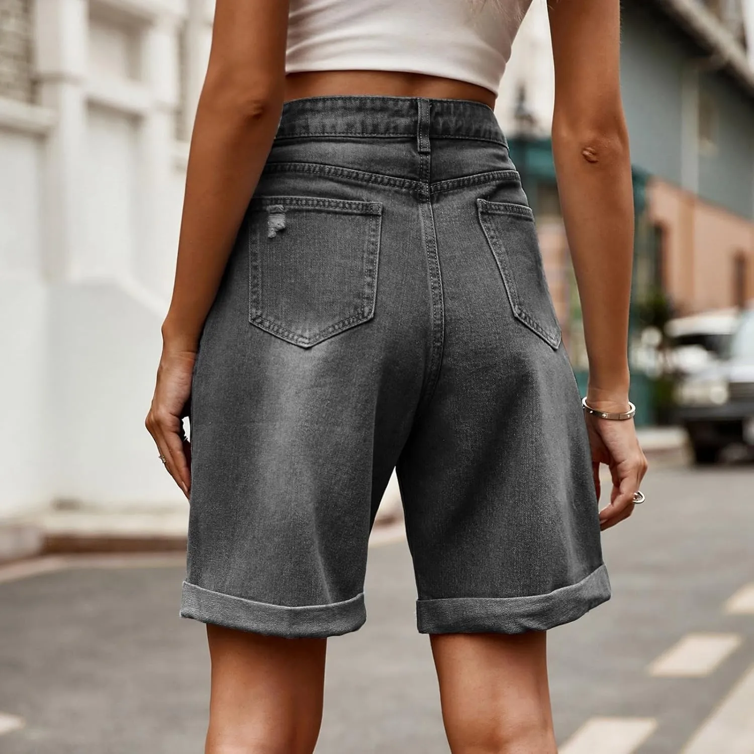 fanmpghleoo Jorts Women Baggy High Waisted Long Jean Shorts Wide Leg Denim Bermuda Shorts Knee Length Trendy Ripped Jeans