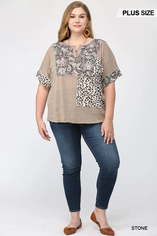 GiGiO Stone Printed Mixed Patchwork Print Top Plus