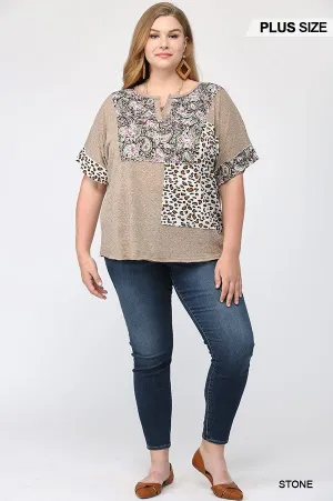 GiGiO Stone Printed Mixed Patchwork Print Top Plus