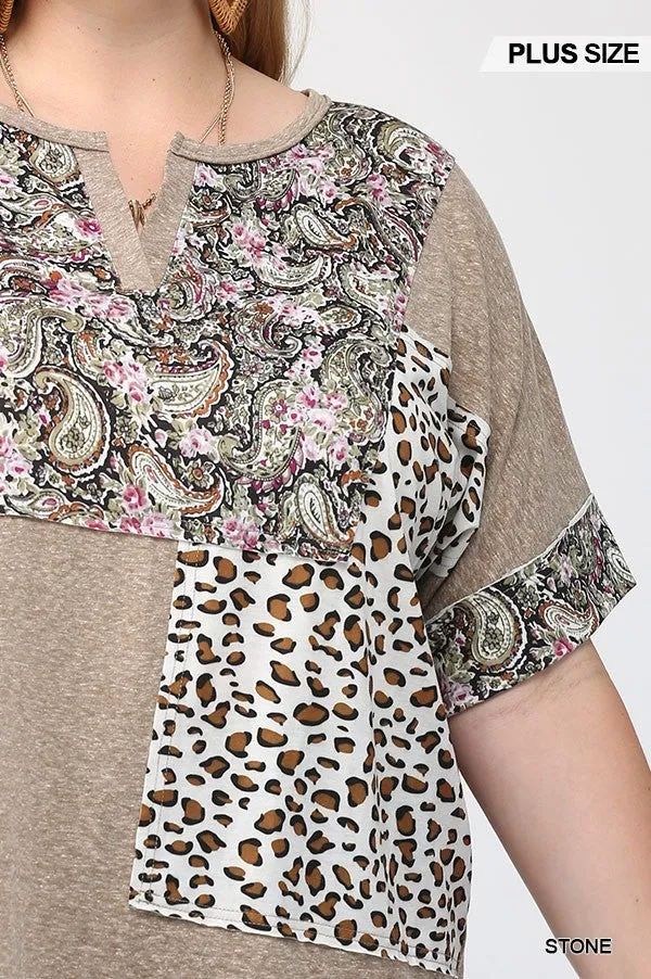 GiGiO Stone Printed Mixed Patchwork Print Top Plus