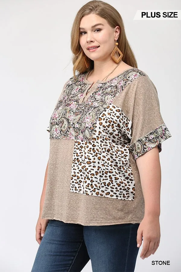 GiGiO Stone Printed Mixed Patchwork Print Top Plus