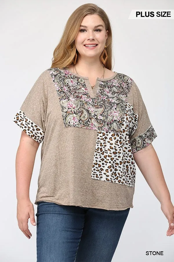 GiGiO Stone Printed Mixed Patchwork Print Top Plus