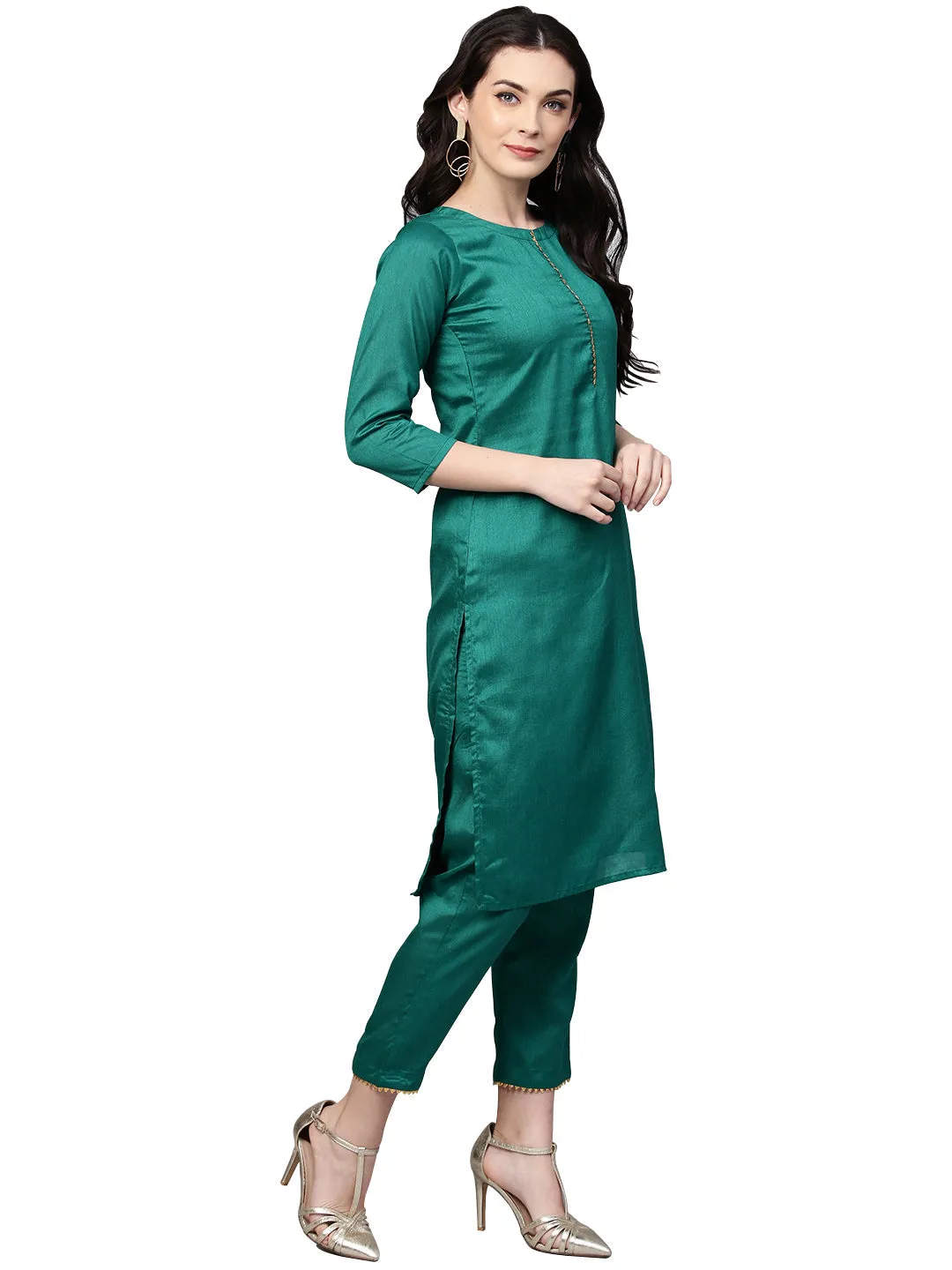 Green Solid Kurta with Trousers & Printed Dupatta