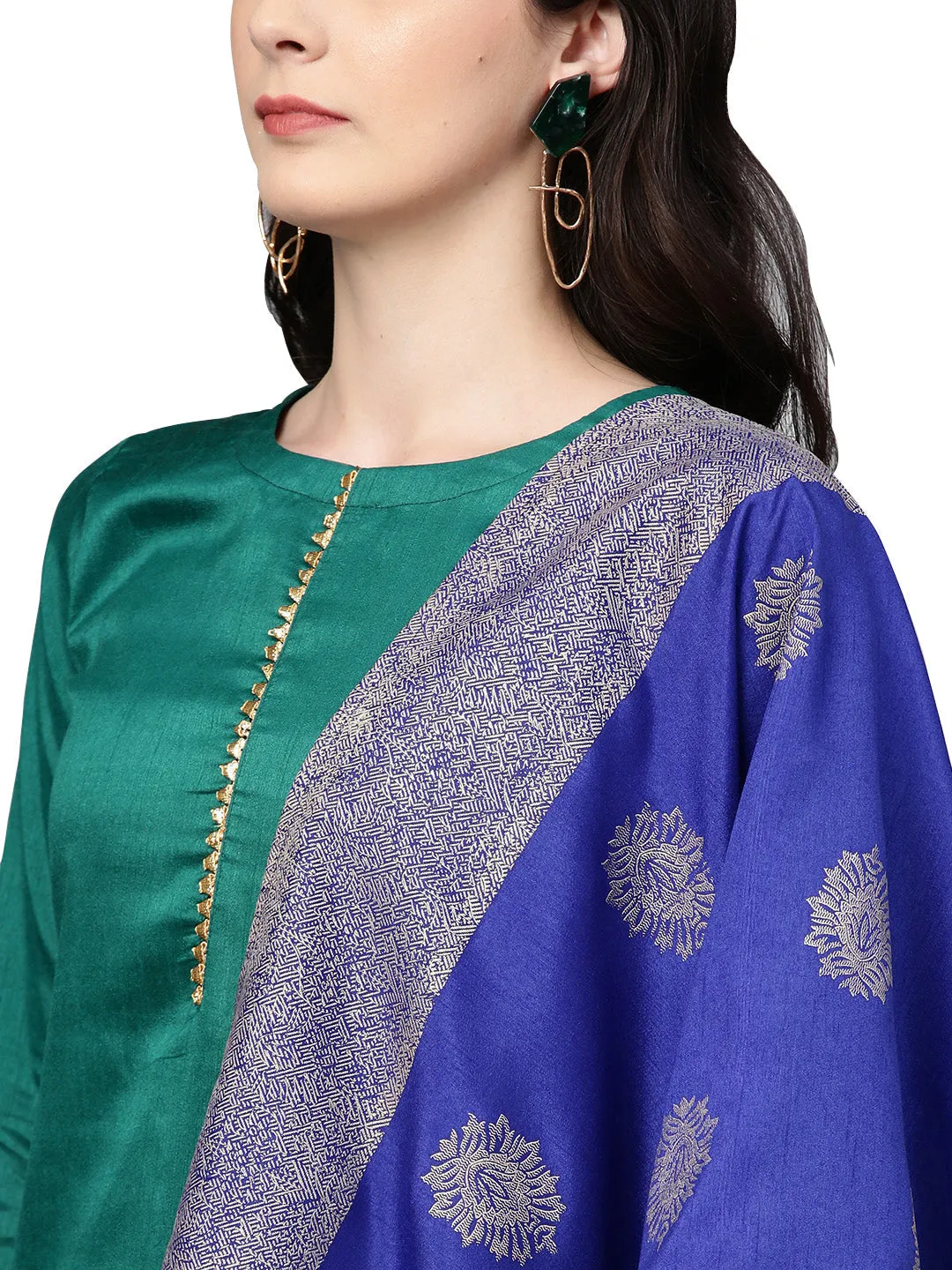 Green Solid Kurta with Trousers & Printed Dupatta