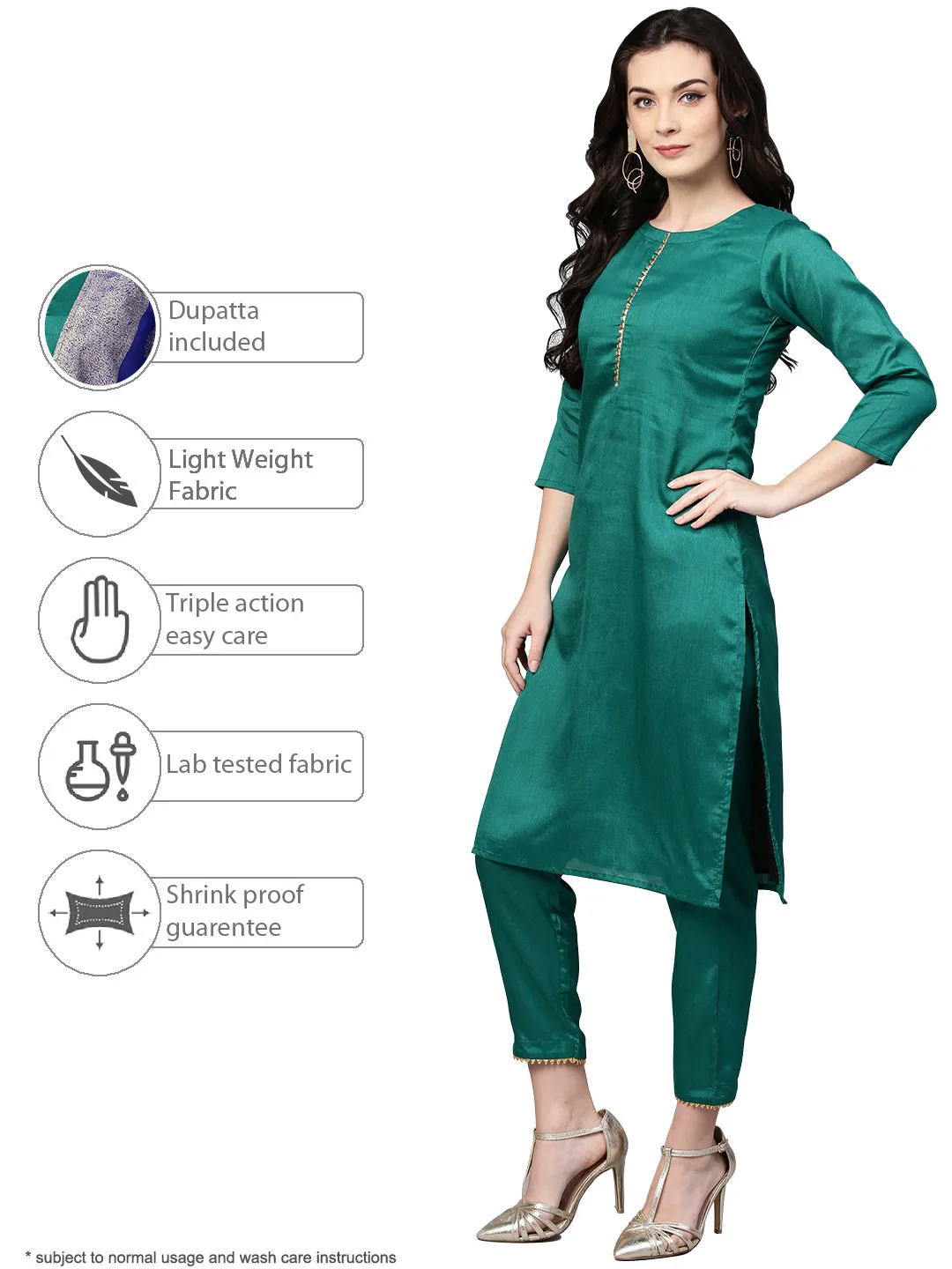 Green Solid Kurta with Trousers & Printed Dupatta