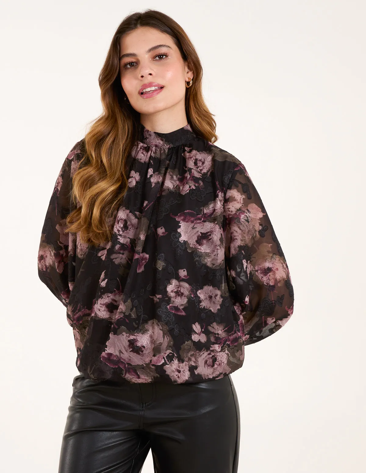 High Neck Bubble Hem Floral Jacquard Blouse