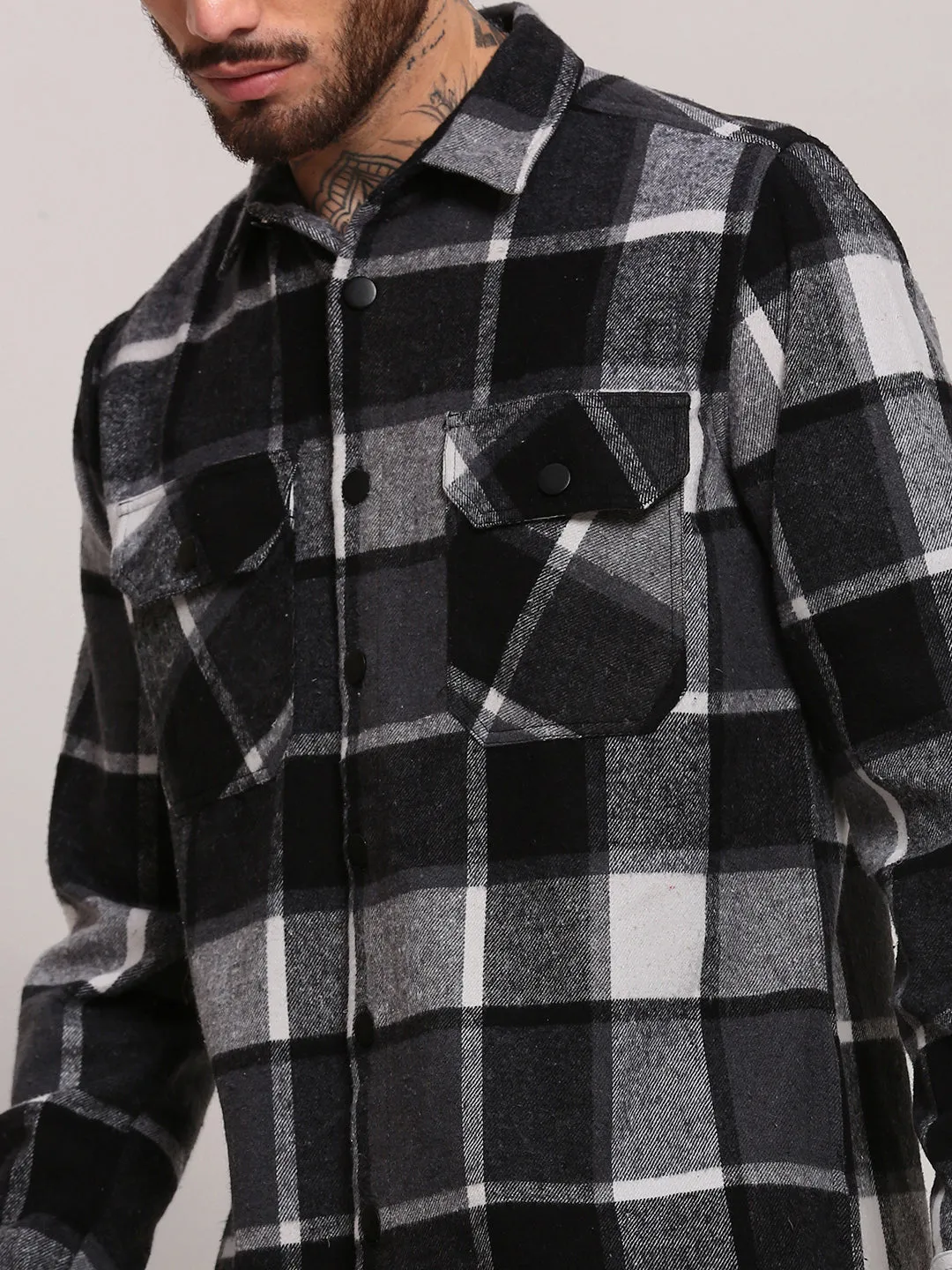 Men Black Checked Relaxed Fit Cotton Shacket