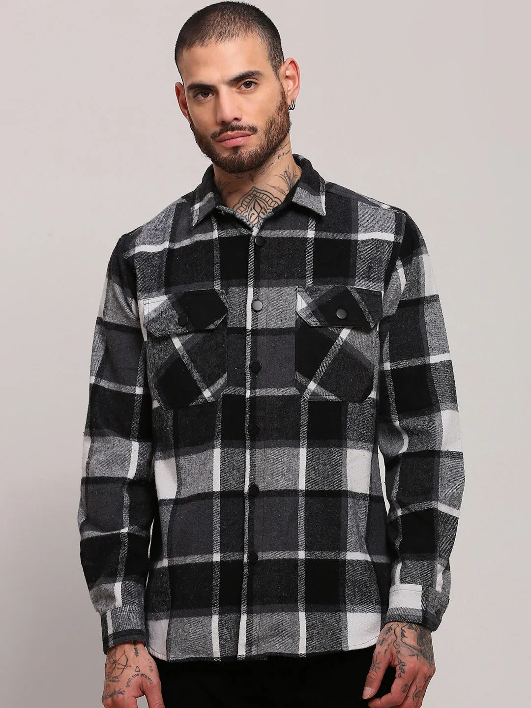 Men Black Checked Relaxed Fit Cotton Shacket