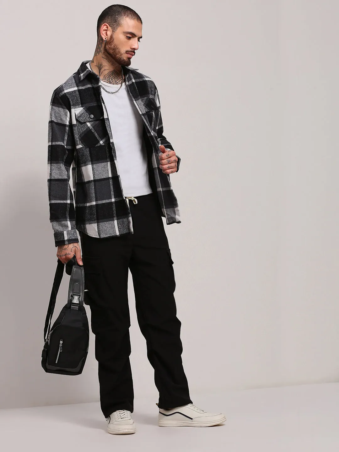 Men Black Checked Relaxed Fit Cotton Shacket