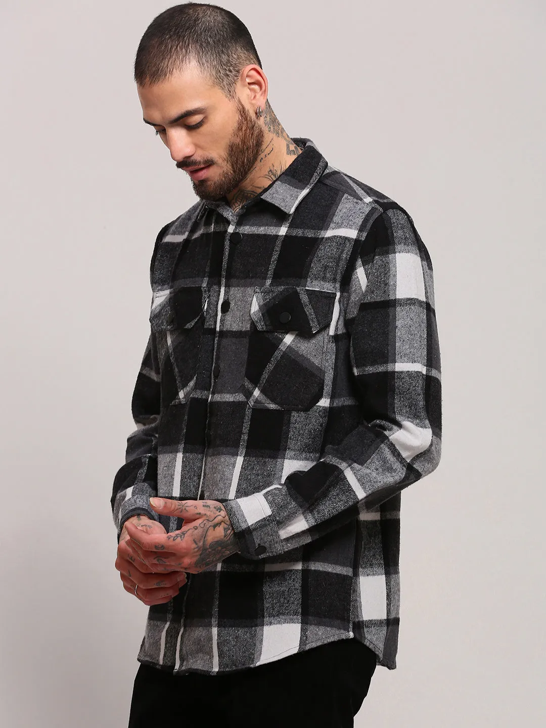 Men Black Checked Relaxed Fit Cotton Shacket