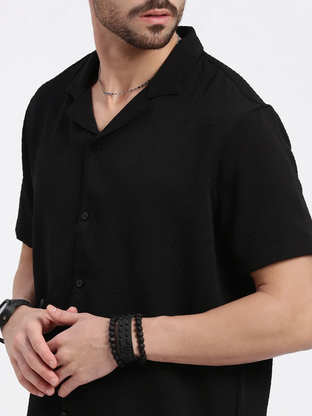 Men Black Cuban Collar Solid Relaxed Fit Shirt