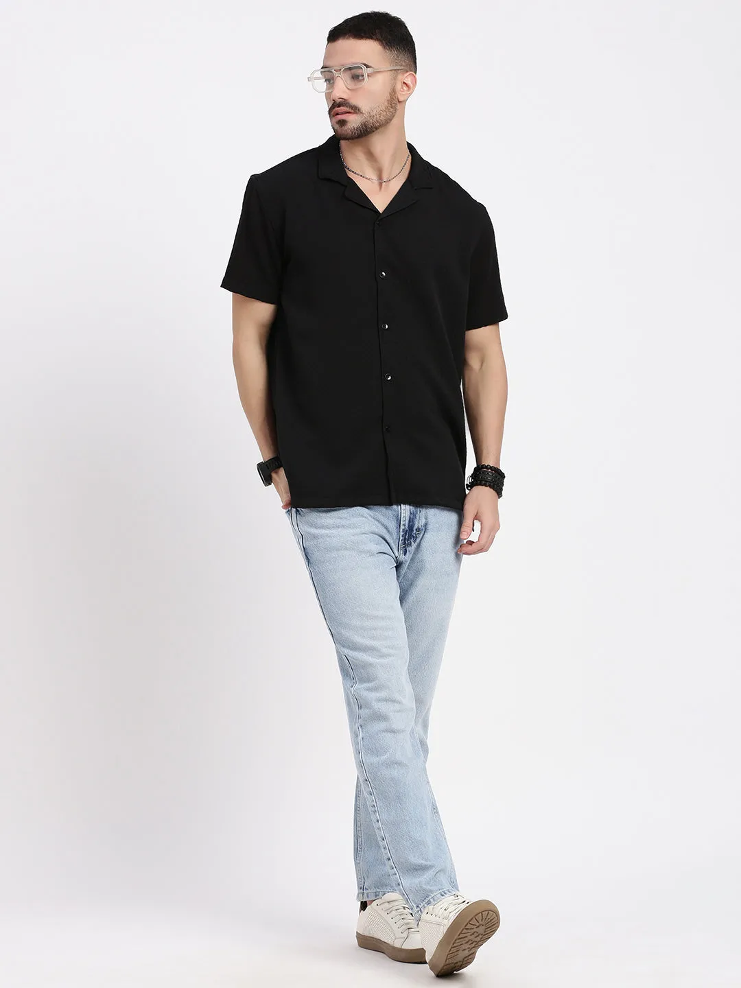 Men Black Cuban Collar Solid Relaxed Fit Shirt
