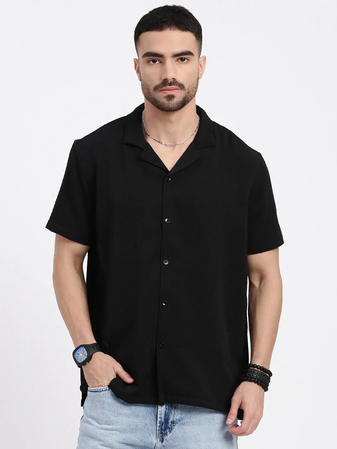 Men Black Cuban Collar Solid Relaxed Fit Shirt