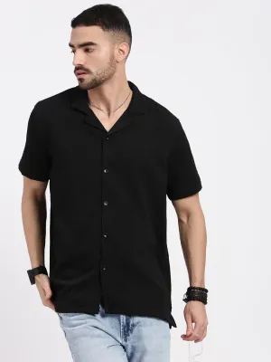 Men Black Cuban Collar Solid Relaxed Fit Shirt