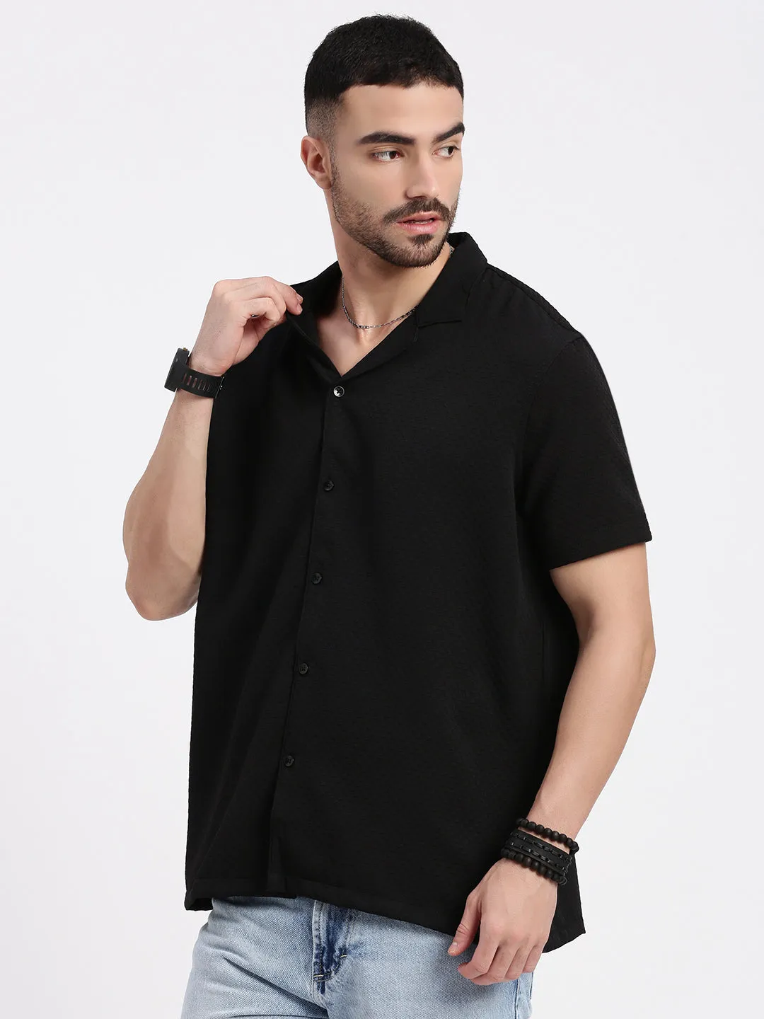 Men Black Cuban Collar Solid Relaxed Fit Shirt