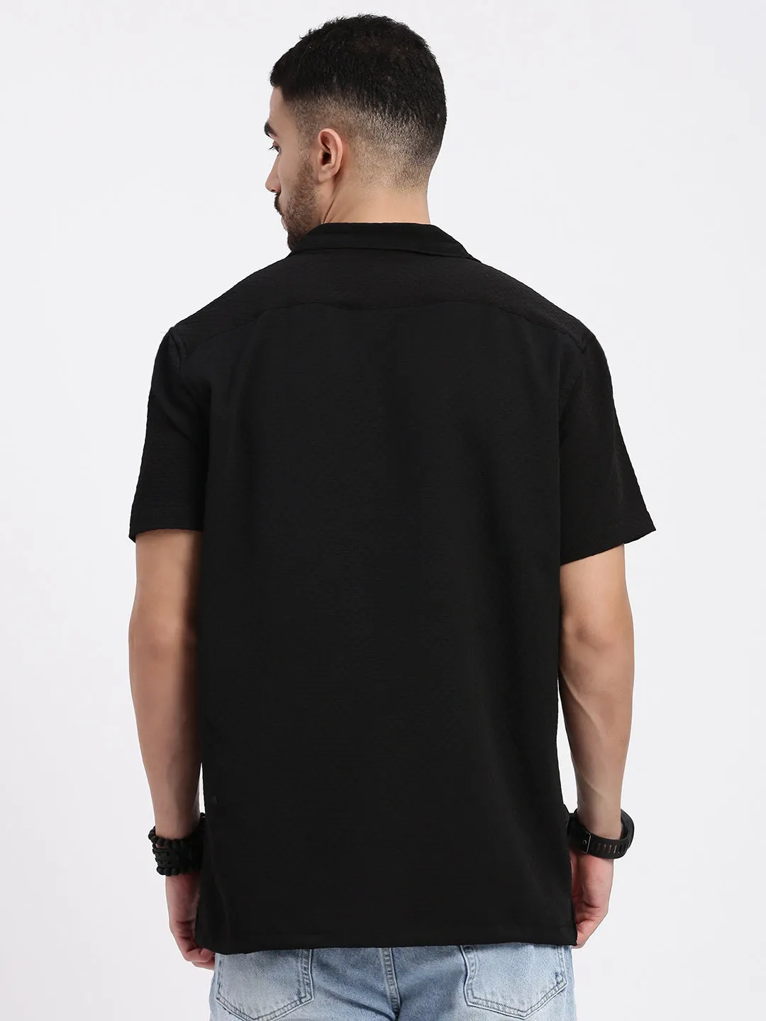 Men Black Cuban Collar Solid Relaxed Fit Shirt