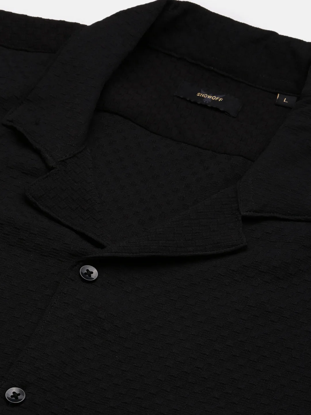 Men Black Cuban Collar Solid Relaxed Fit Shirt