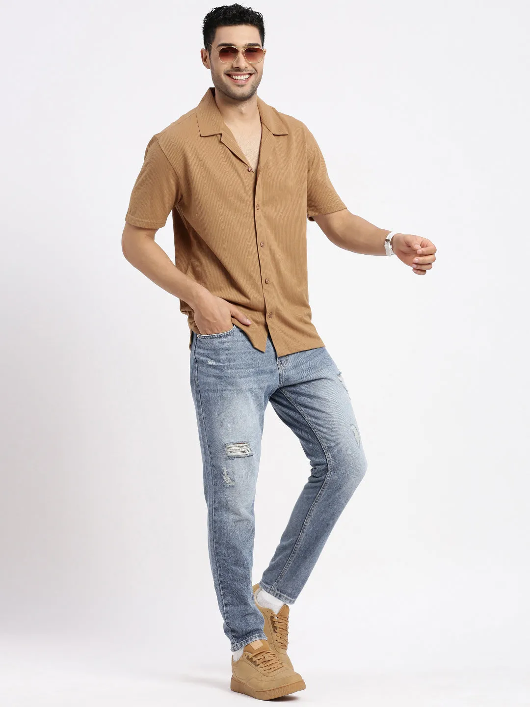 Men Brown Cuban Collar Solid Relaxed Fit Casual Shirt