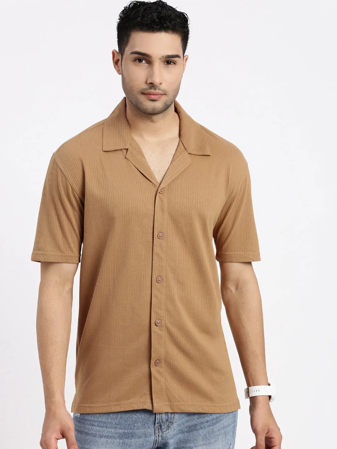 Men Brown Cuban Collar Solid Relaxed Fit Casual Shirt