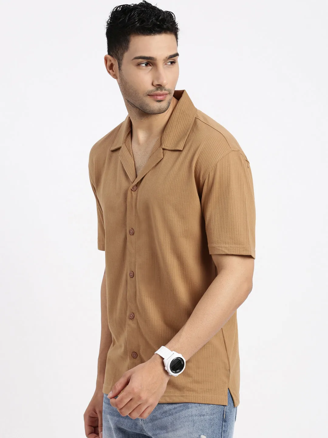 Men Brown Cuban Collar Solid Relaxed Fit Casual Shirt