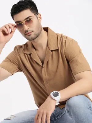 Men Brown Cuban Collar Solid Relaxed Fit Casual Shirt
