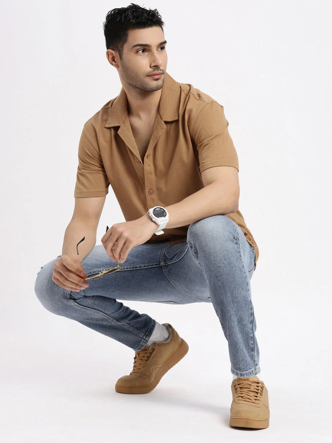 Men Brown Cuban Collar Solid Relaxed Fit Casual Shirt