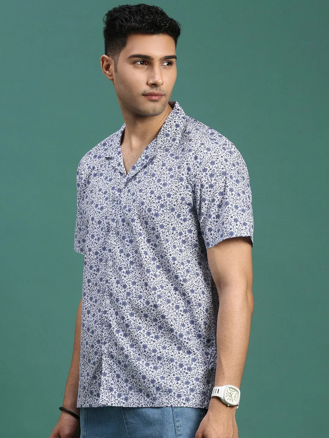 Men Cuban Collar Abstract Blue Relaxed Fit Shirt