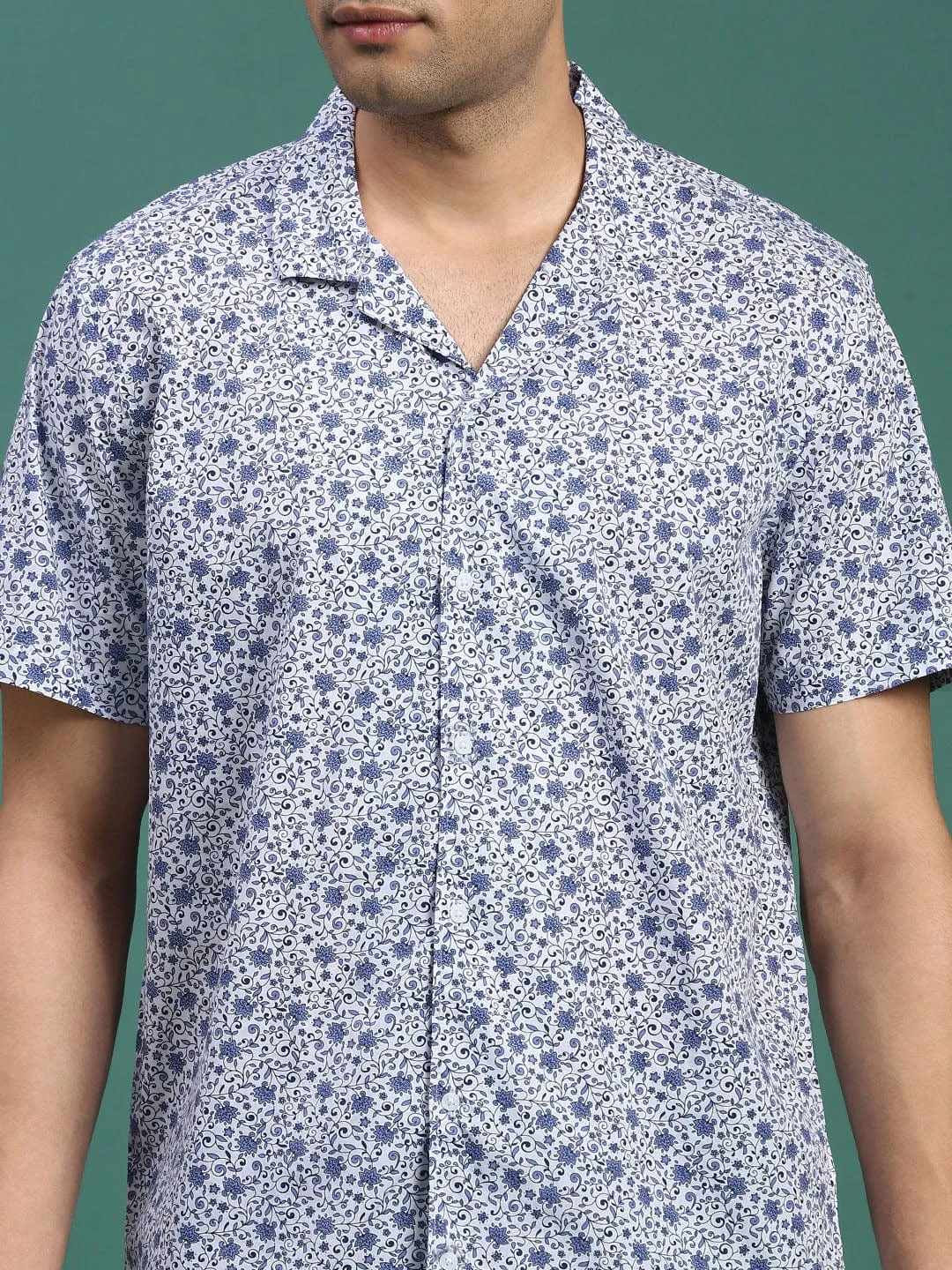 Men Cuban Collar Abstract Blue Relaxed Fit Shirt