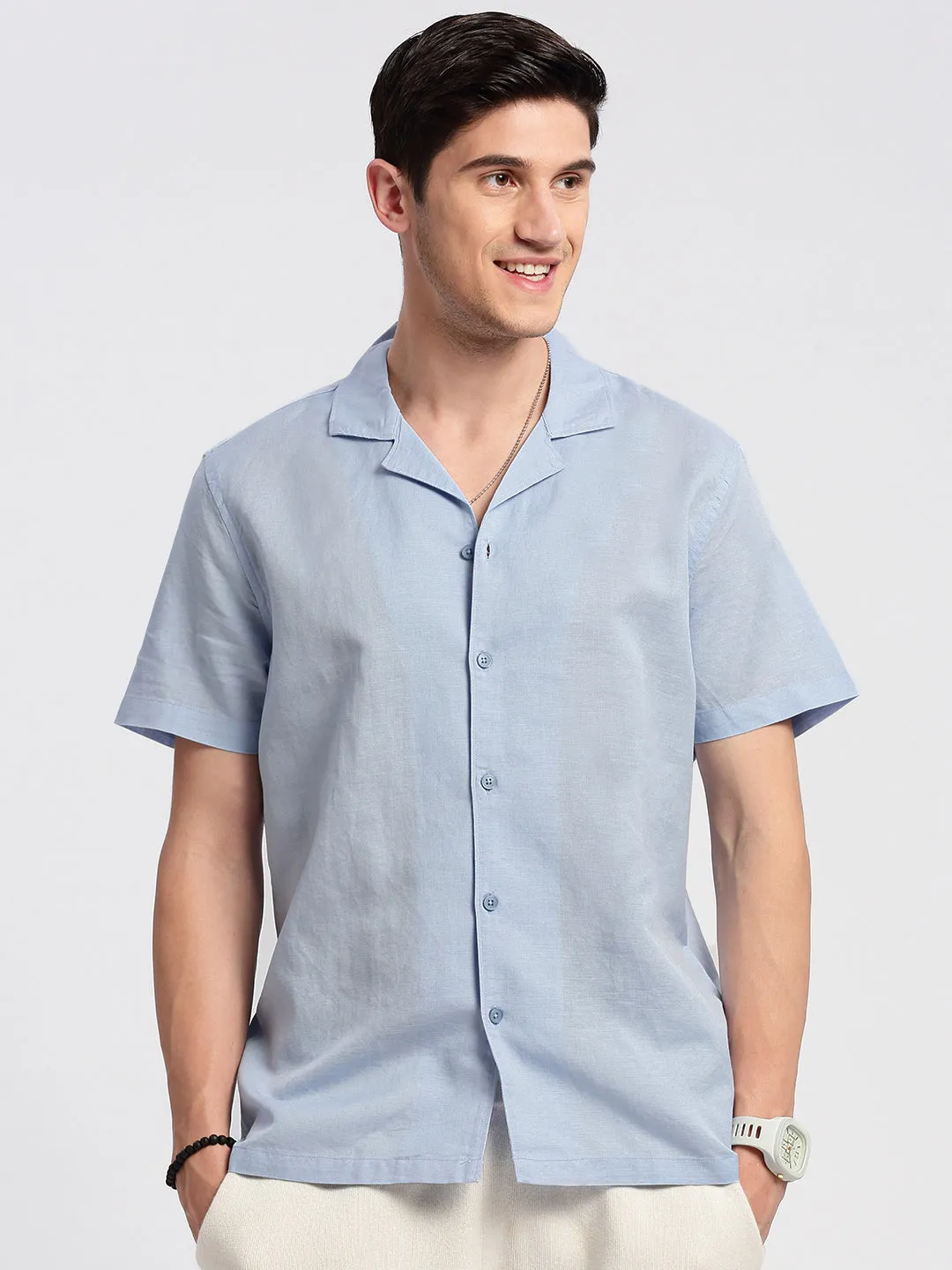 Men Cuban Collar Solid Blue Relaxed Fit Shirt