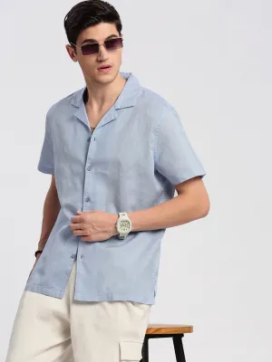 Men Cuban Collar Solid Blue Relaxed Fit Shirt