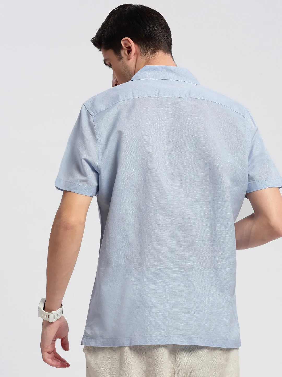 Men Cuban Collar Solid Blue Relaxed Fit Shirt