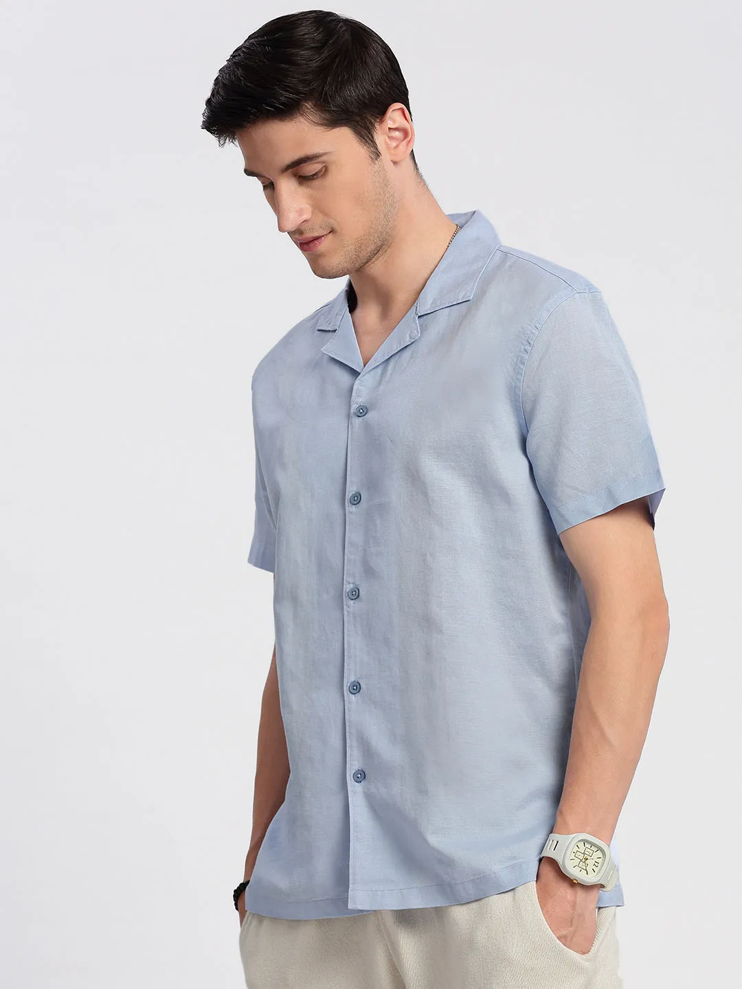 Men Cuban Collar Solid Blue Relaxed Fit Shirt