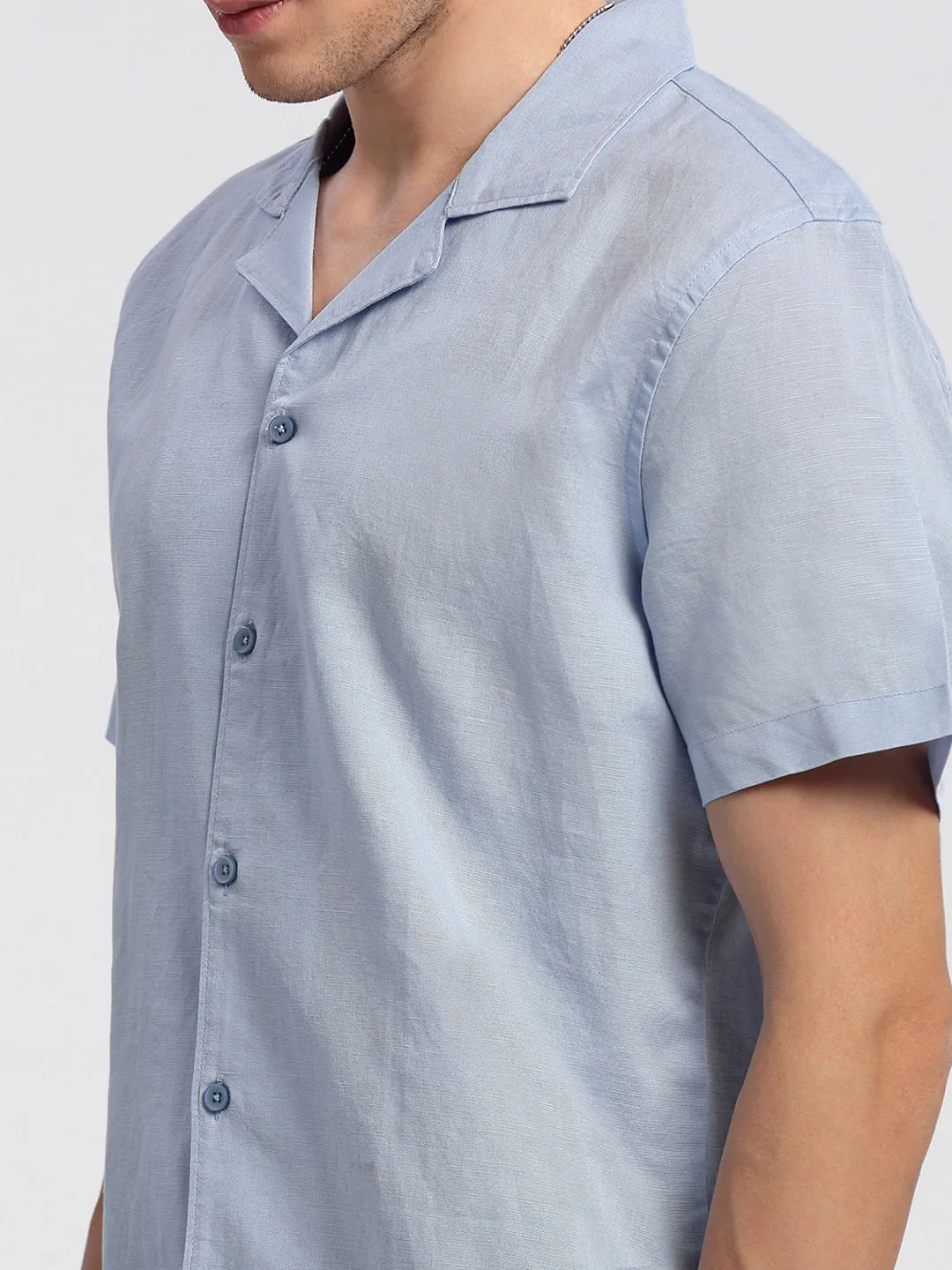 Men Cuban Collar Solid Blue Relaxed Fit Shirt