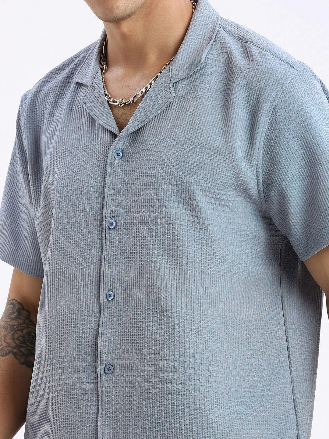 Men Cuban Collar Solid Relaxed Fit Blue Casual Shirt
