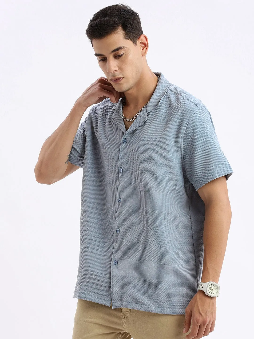 Men Cuban Collar Solid Relaxed Fit Blue Casual Shirt