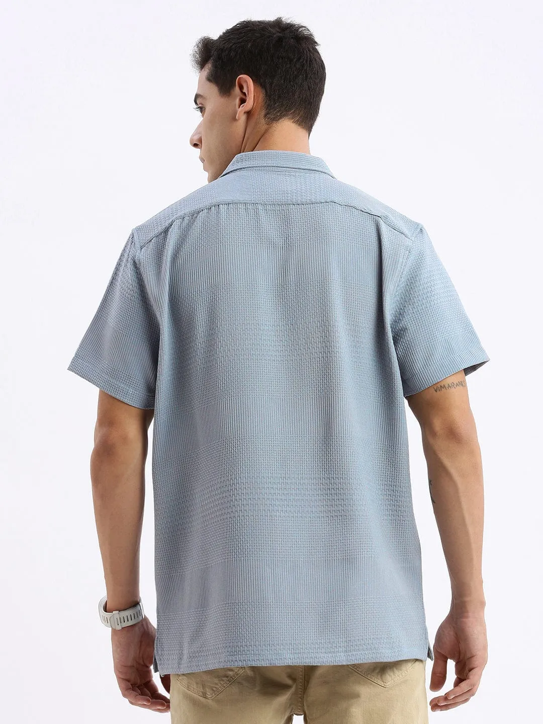 Men Cuban Collar Solid Relaxed Fit Blue Casual Shirt