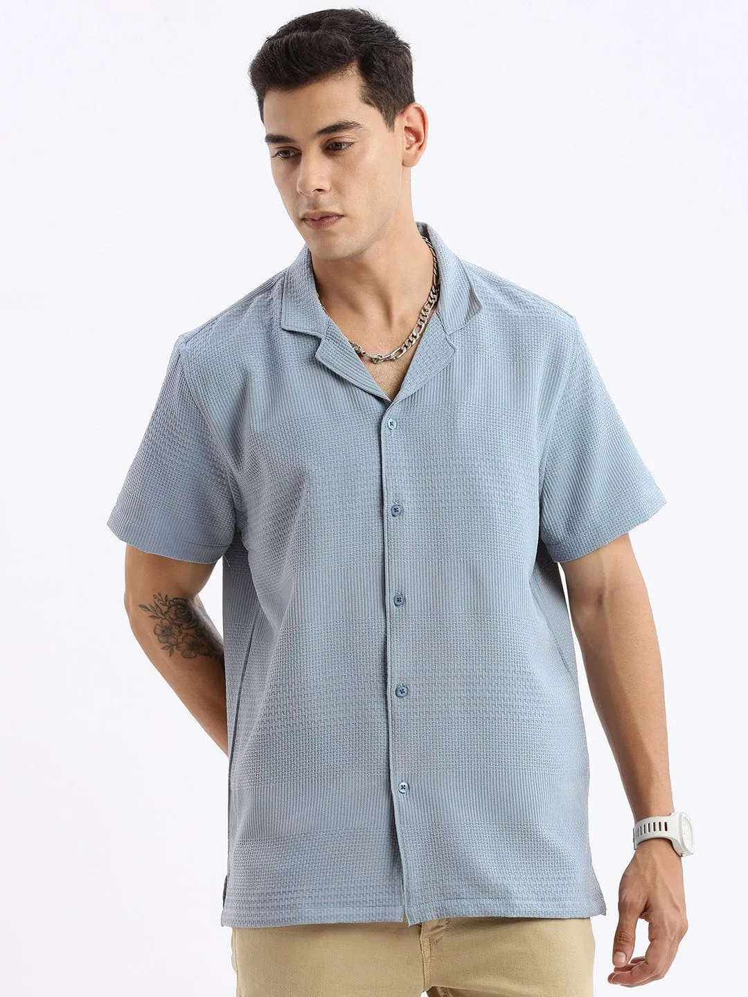 Men Cuban Collar Solid Relaxed Fit Blue Casual Shirt