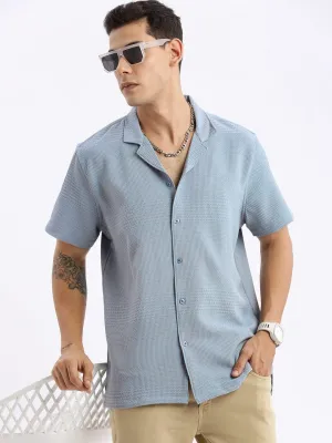 Men Cuban Collar Solid Relaxed Fit Blue Casual Shirt