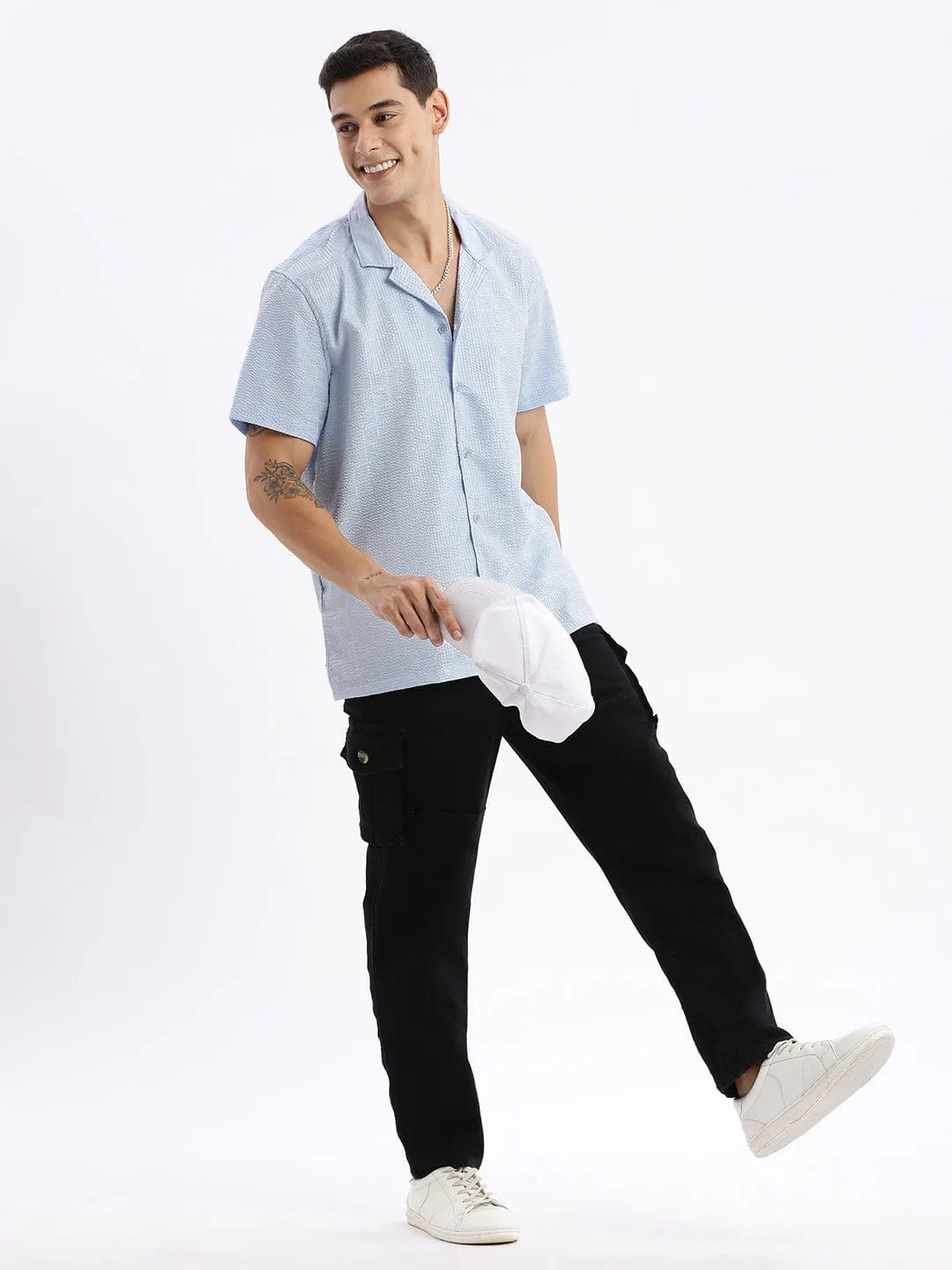 Men Cuban Collar Solid Relaxed Fit Blue Cotton Shirt