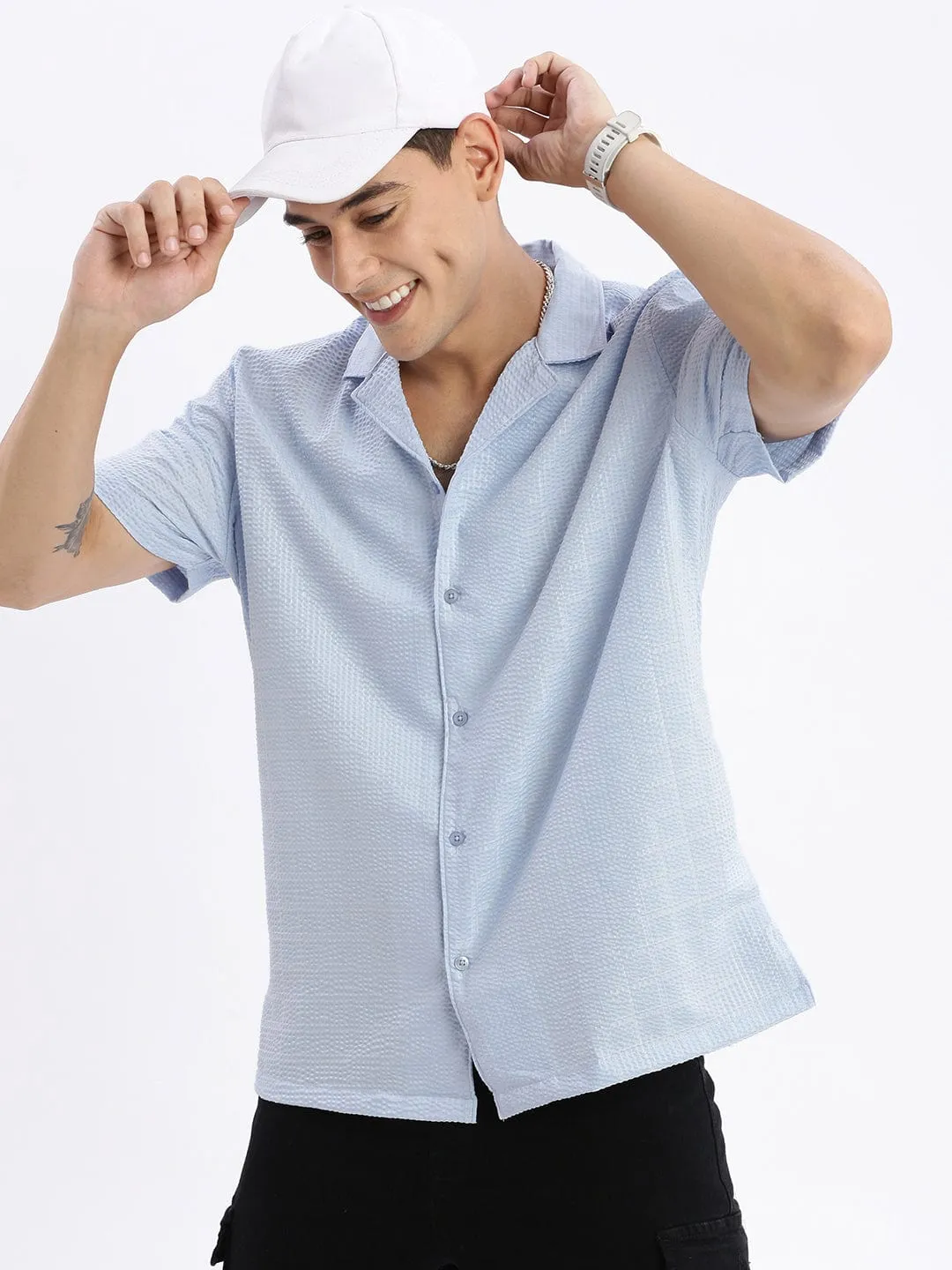 Men Cuban Collar Solid Relaxed Fit Blue Cotton Shirt