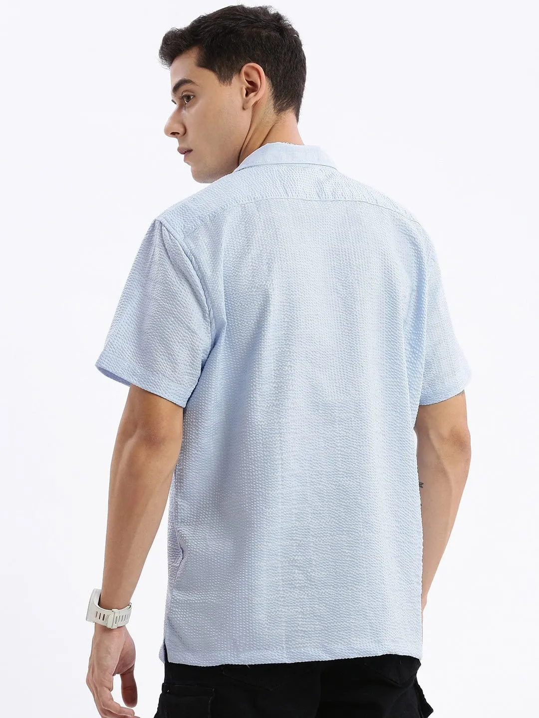 Men Cuban Collar Solid Relaxed Fit Blue Cotton Shirt