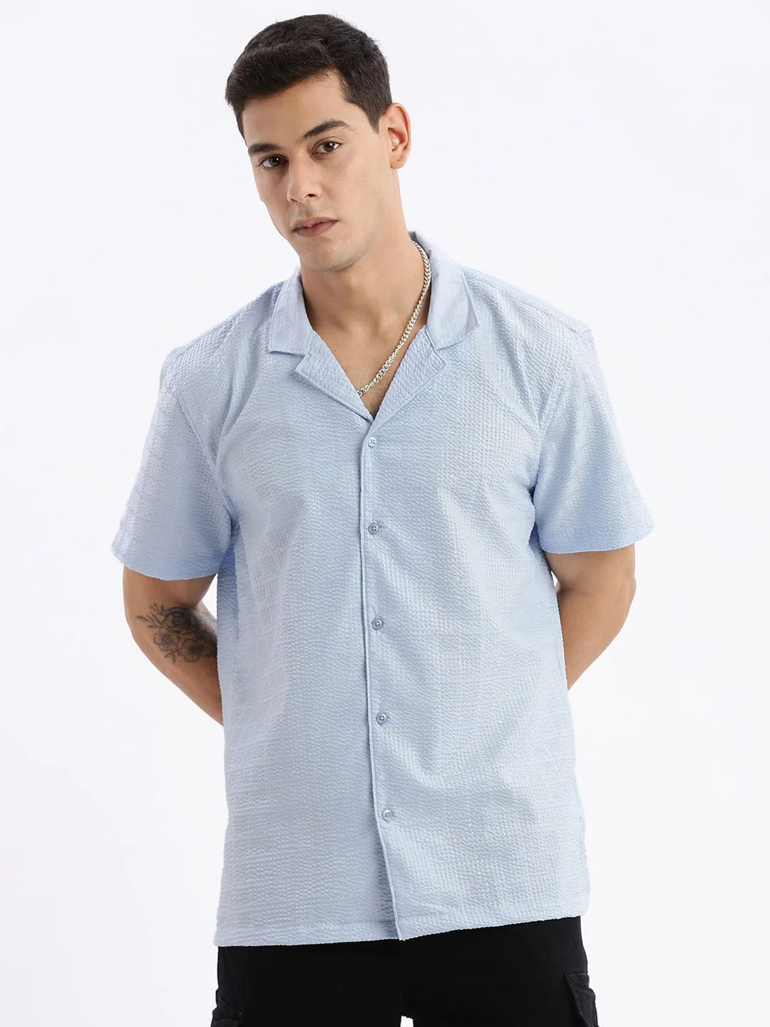 Men Cuban Collar Solid Relaxed Fit Blue Cotton Shirt