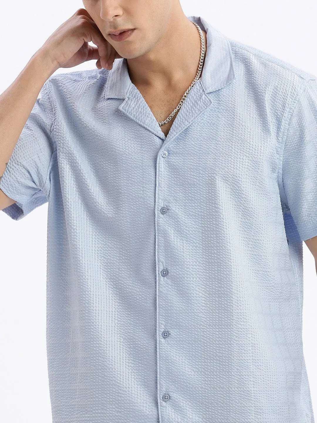 Men Cuban Collar Solid Relaxed Fit Blue Cotton Shirt
