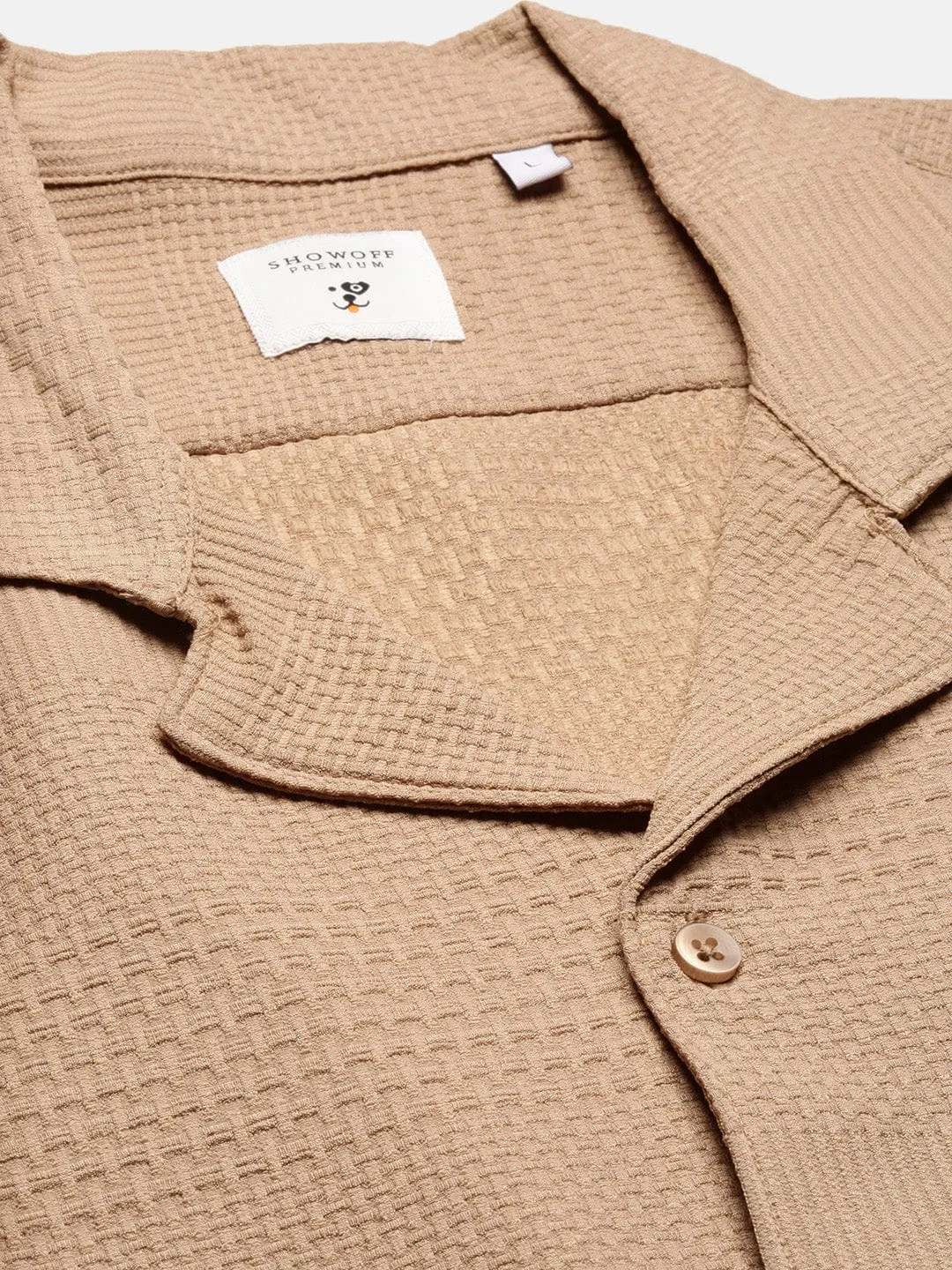 Men Cuban Collar Solid Relaxed Fit Khaki Shirt